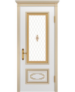 Дверь Шейл Дорс Багет Дуэт В2 эмаль белая с патиной золото, стекло фотопечать