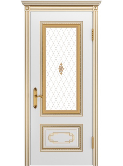 Дверь Шейл Дорс Багет Дуэт В2 эмаль белая с патиной золото, стекло фотопечать